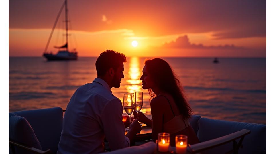 Couple enjoying a romantic dinner cruise on a yacht at sunset