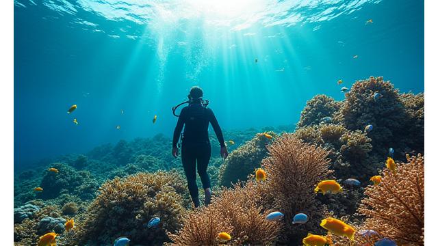 Snorkeler observing vibrant coral reef and tropical fish, mobile view